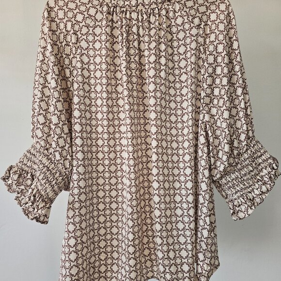 SHEIN Curve Quiet Lux Ecru Print Blouse w/Shirred Short Sleeve Cuff - Picture 7 of 7